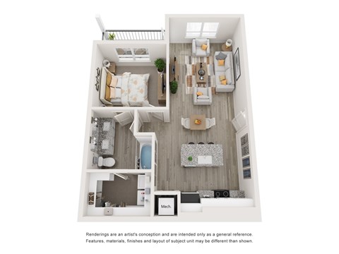 Floor plan for 1 bed, 1 bath, 766 sqft